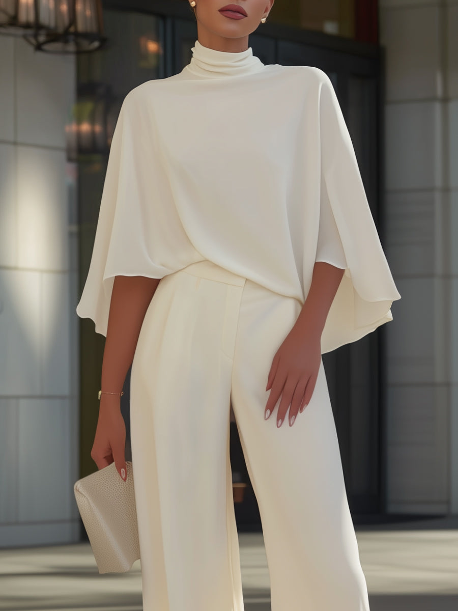 Léon Varel Cape-Sleeve High-Neck Blouse & Slit Wide-Leg Trousers Set
