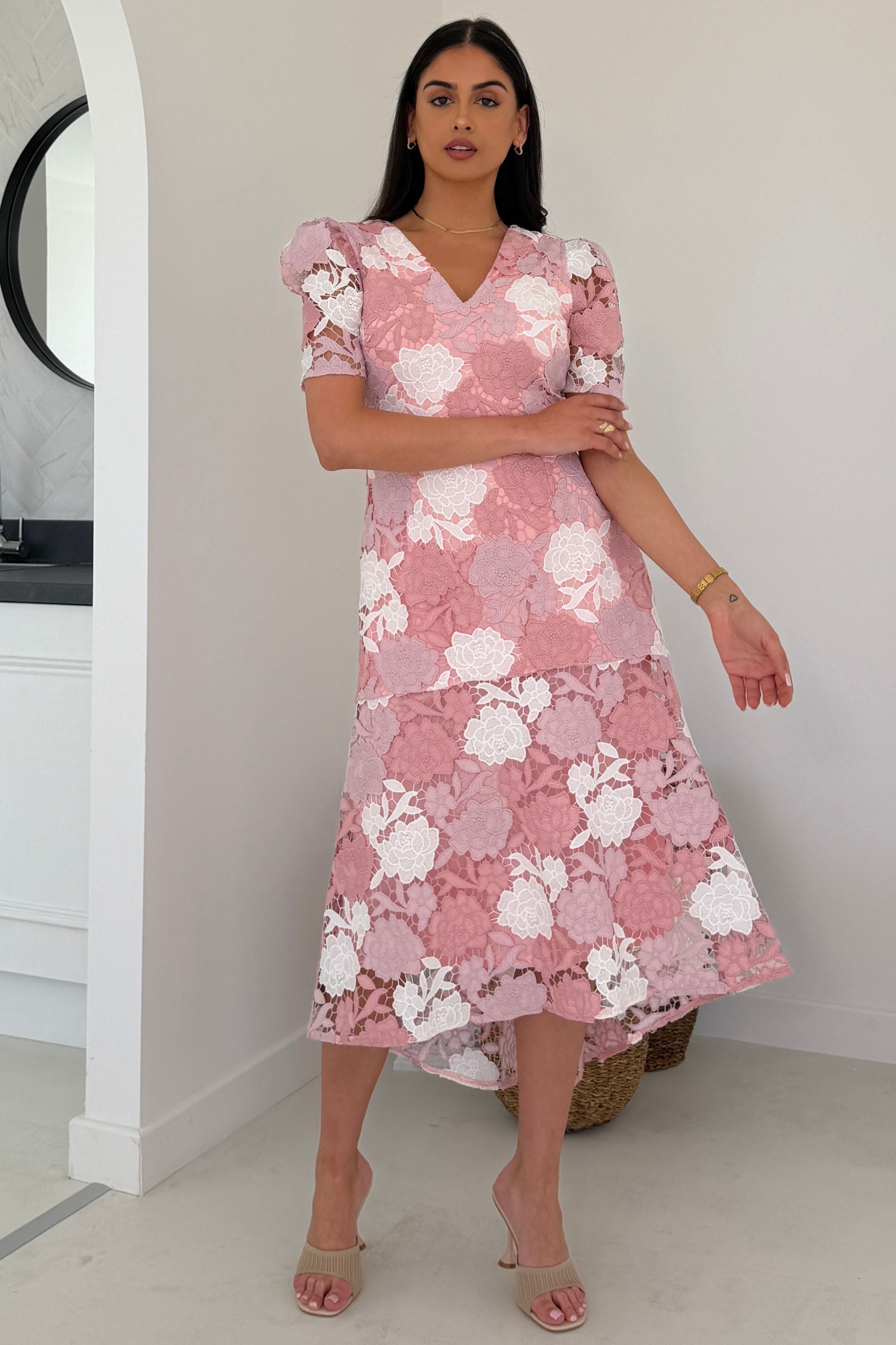 Myrtle V Neck A Line Floral Pastel Lace Midi Dress Pink