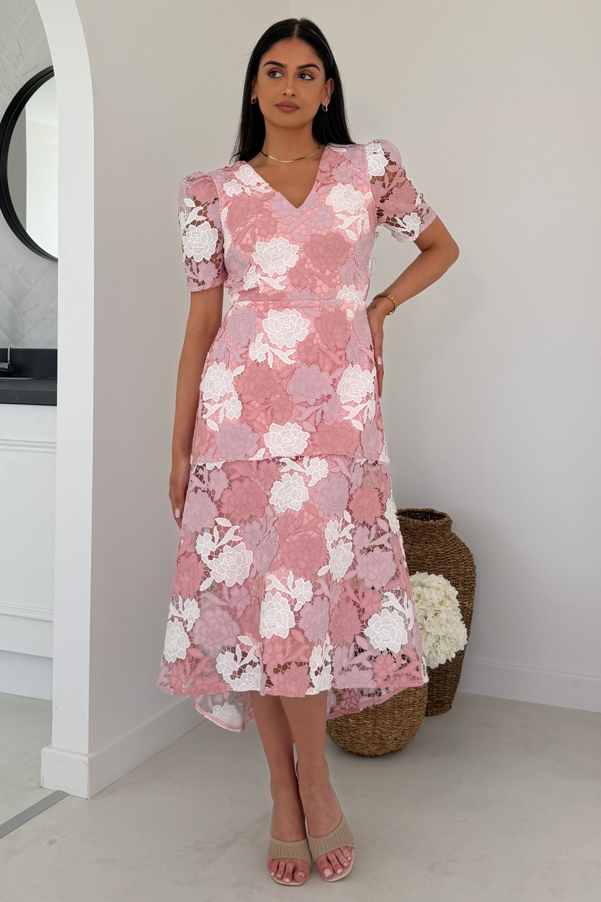 Myrtle V Neck A Line Floral Pastel Lace Midi Dress Pink