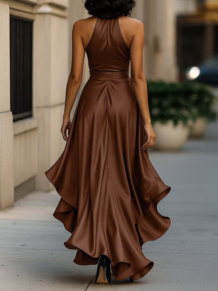 Léon Varel Midnight Elegance Satin Halter Ruffle Gown