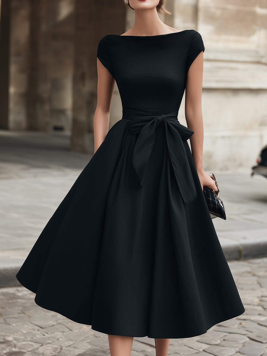 Léon Varel Cap-Sleeve Bow-Waist Midi Dress