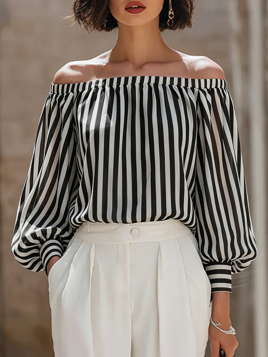 Léon Varel Chic Off-the-Shoulder Striped Blouse & High-Waisted Tailored Trousers Set