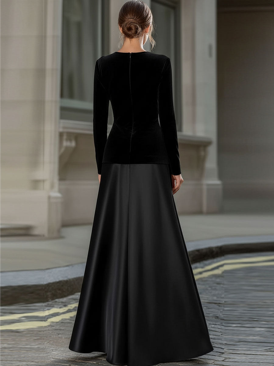 Léon Varel Black Velvet & Satin Long-Sleeve A-Line Evening Gown