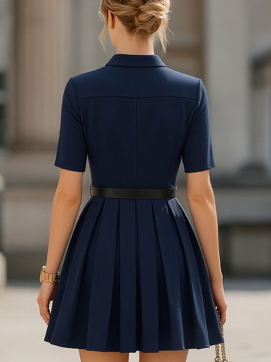 Léon Varel Navy Collared Zip-Front Pleated Mini Dress