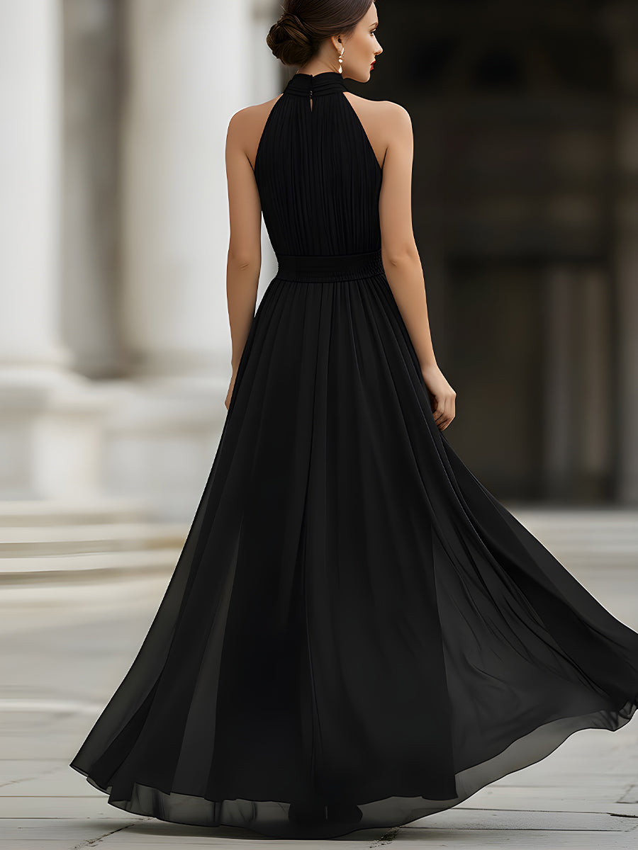 Léon Varel Black Halter Neck Pleated Chiffon Maxi Dress