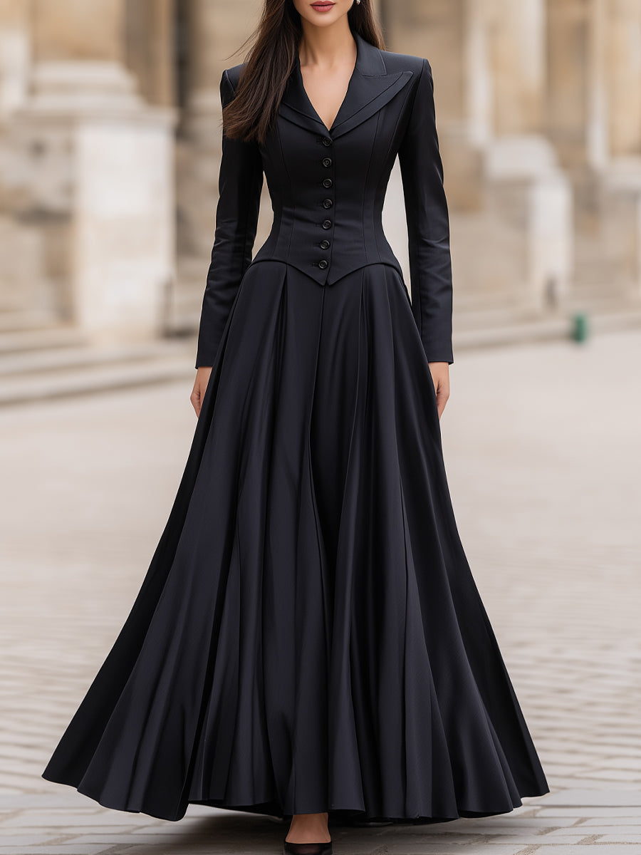 Léon Varel Elegant Tailored Waist Long-Sleeve Maxi Dress