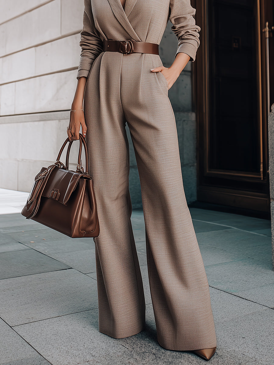 Léon Varel Taupe Belted Blazer Jumpsuit With Wide-Leg Silhouette