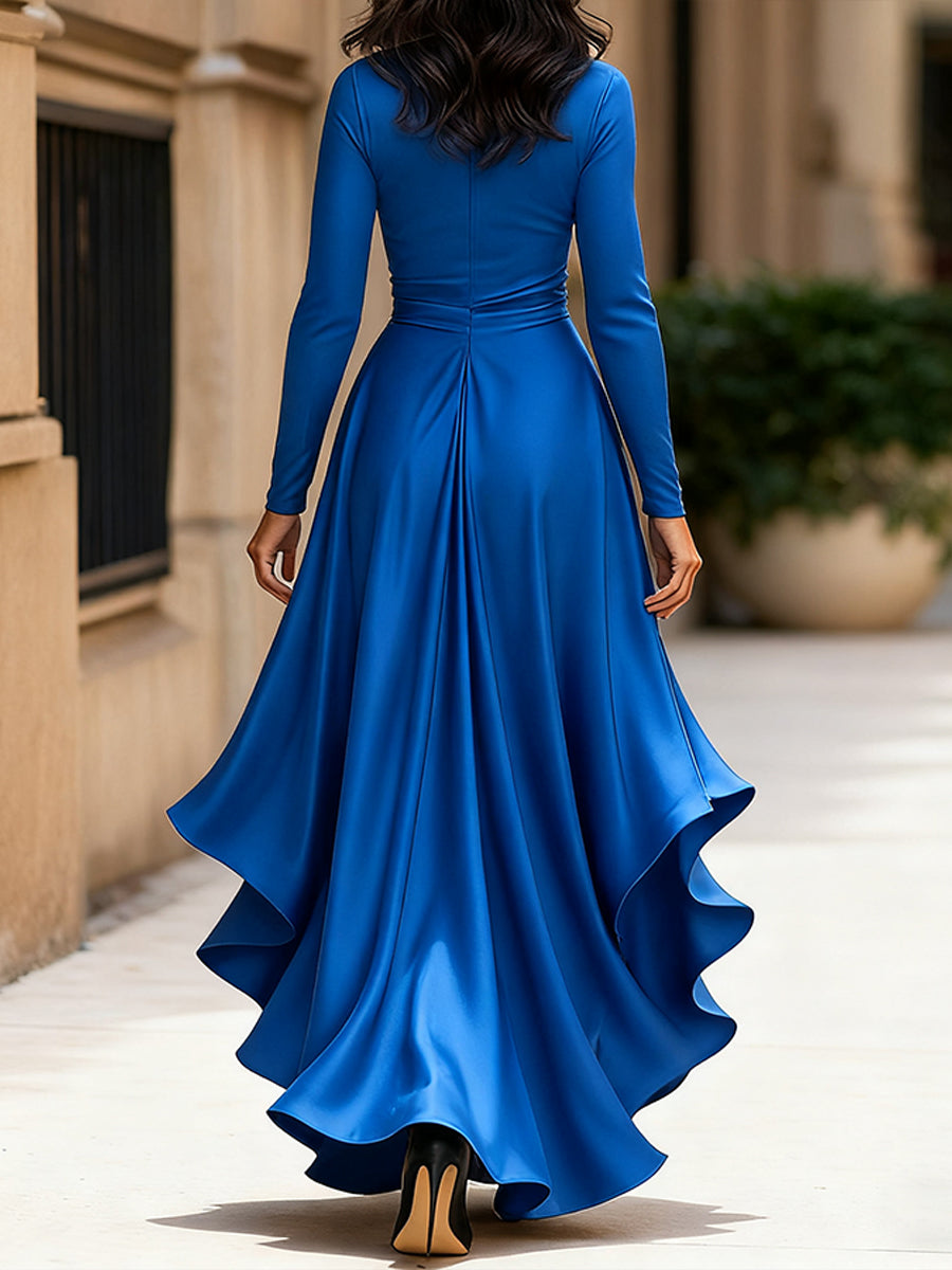 Léon Varel Midnight Blue Draped Satin Maxi Dress With Ruffle Details