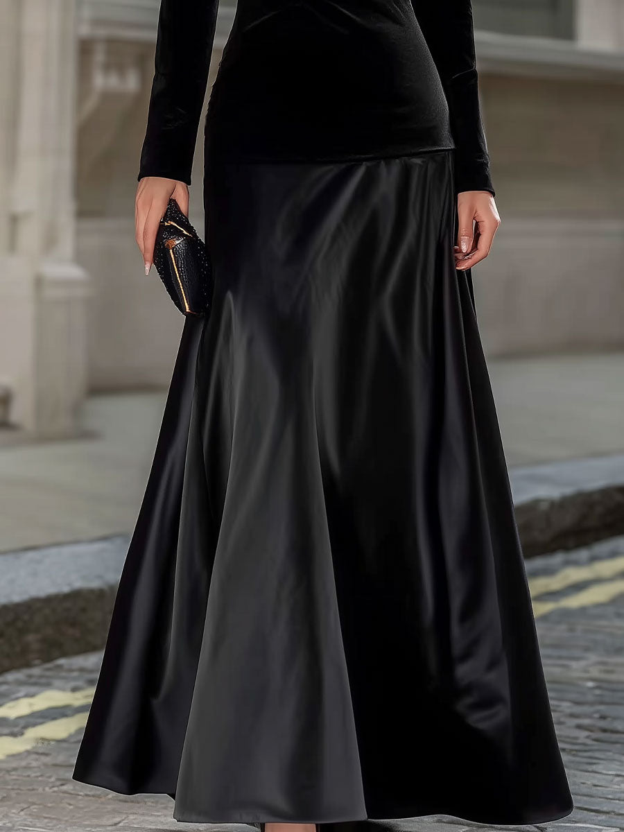 Léon Varel Black Velvet & Satin Long-Sleeve A-Line Evening Gown