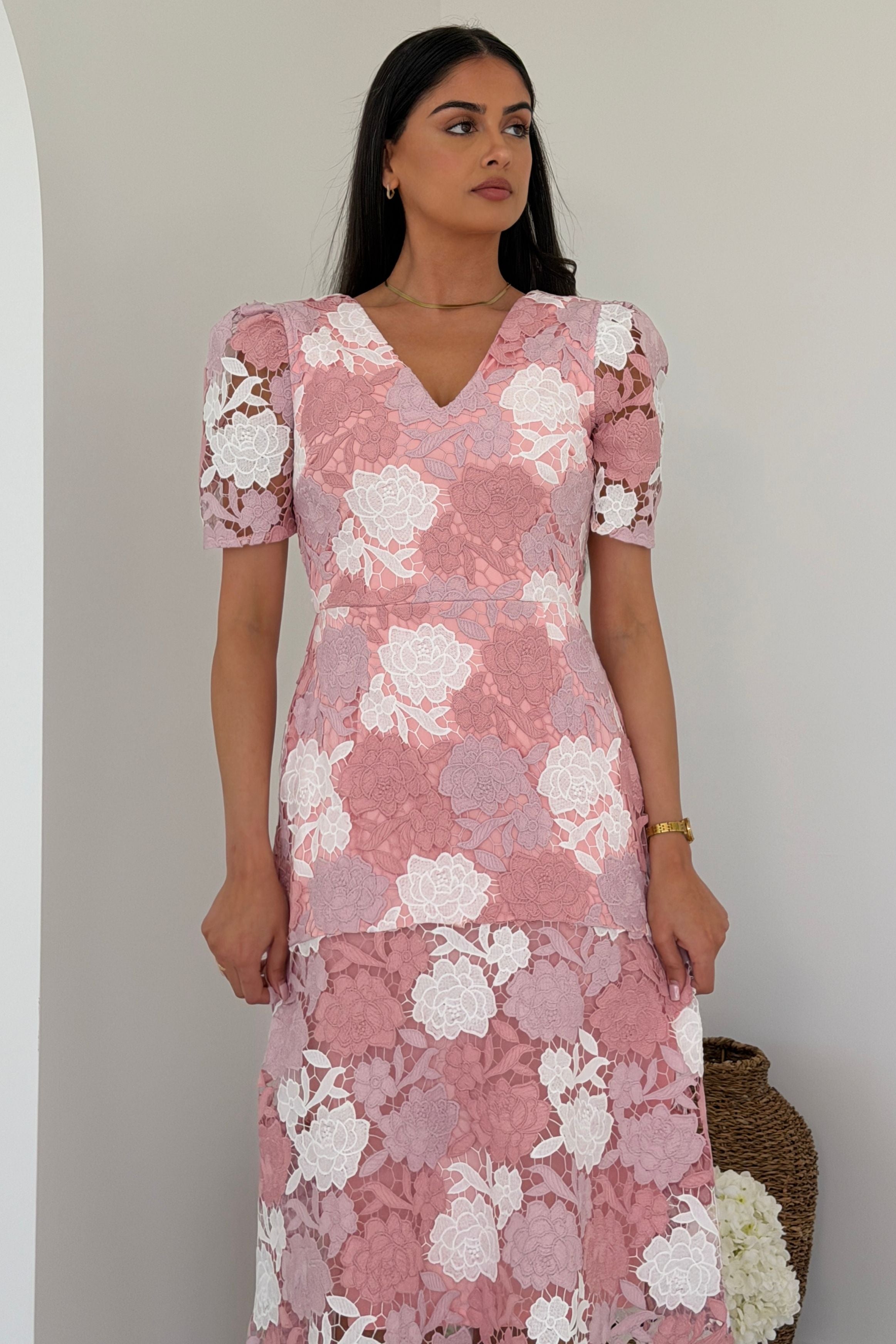 Myrtle V Neck A Line Floral Pastel Lace Midi Dress Pink