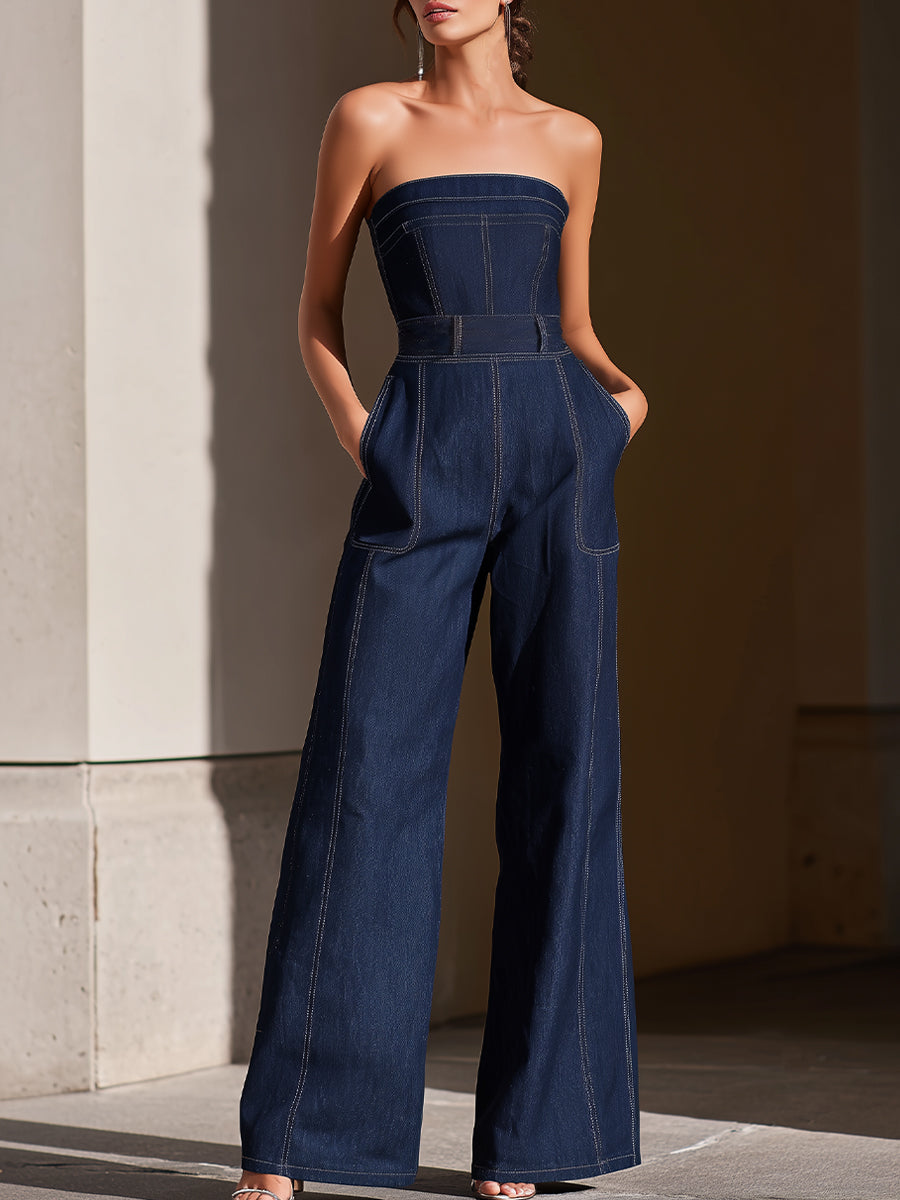 Léon Varel Dark Denim Strapless Wide-Leg Jumpsuit