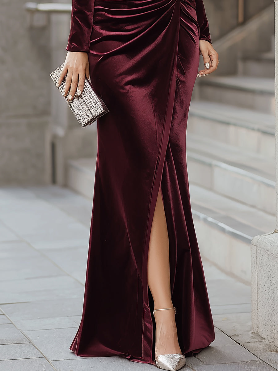 Léon Varel Burgundy Velvet One-Shoulder Evening Gown