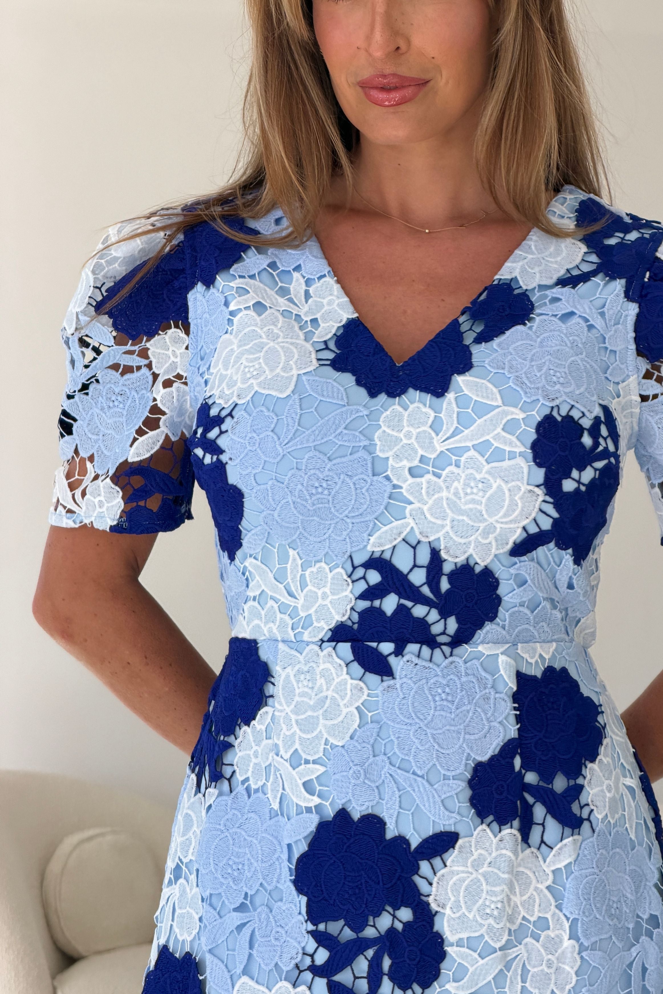 Myrtle V Neck A Line Floral Pastel Lace Midi Dress Blue