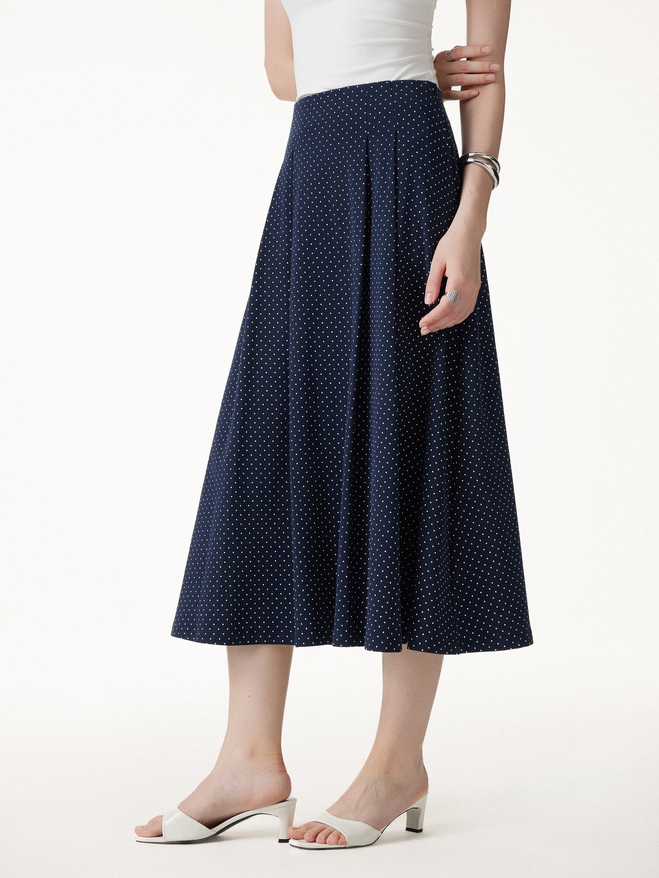 Polka Dots Flared Midi Skirt with Pockets