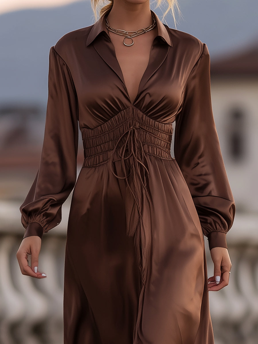 Léon Varel Mooyius Satin Cinched Waist Maxi Dress In Mocha Brown