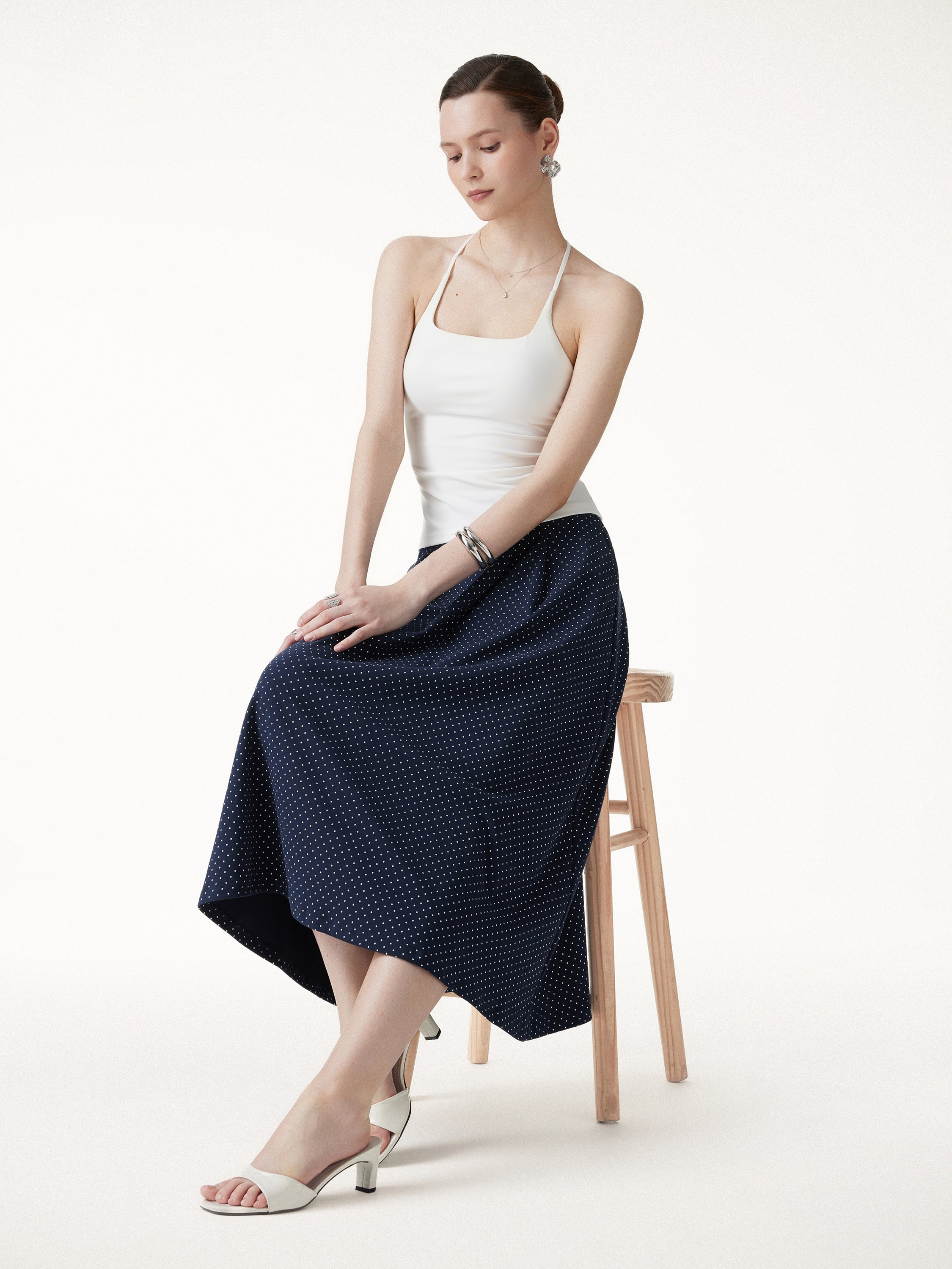 Polka Dots Flared Midi Skirt with Pockets