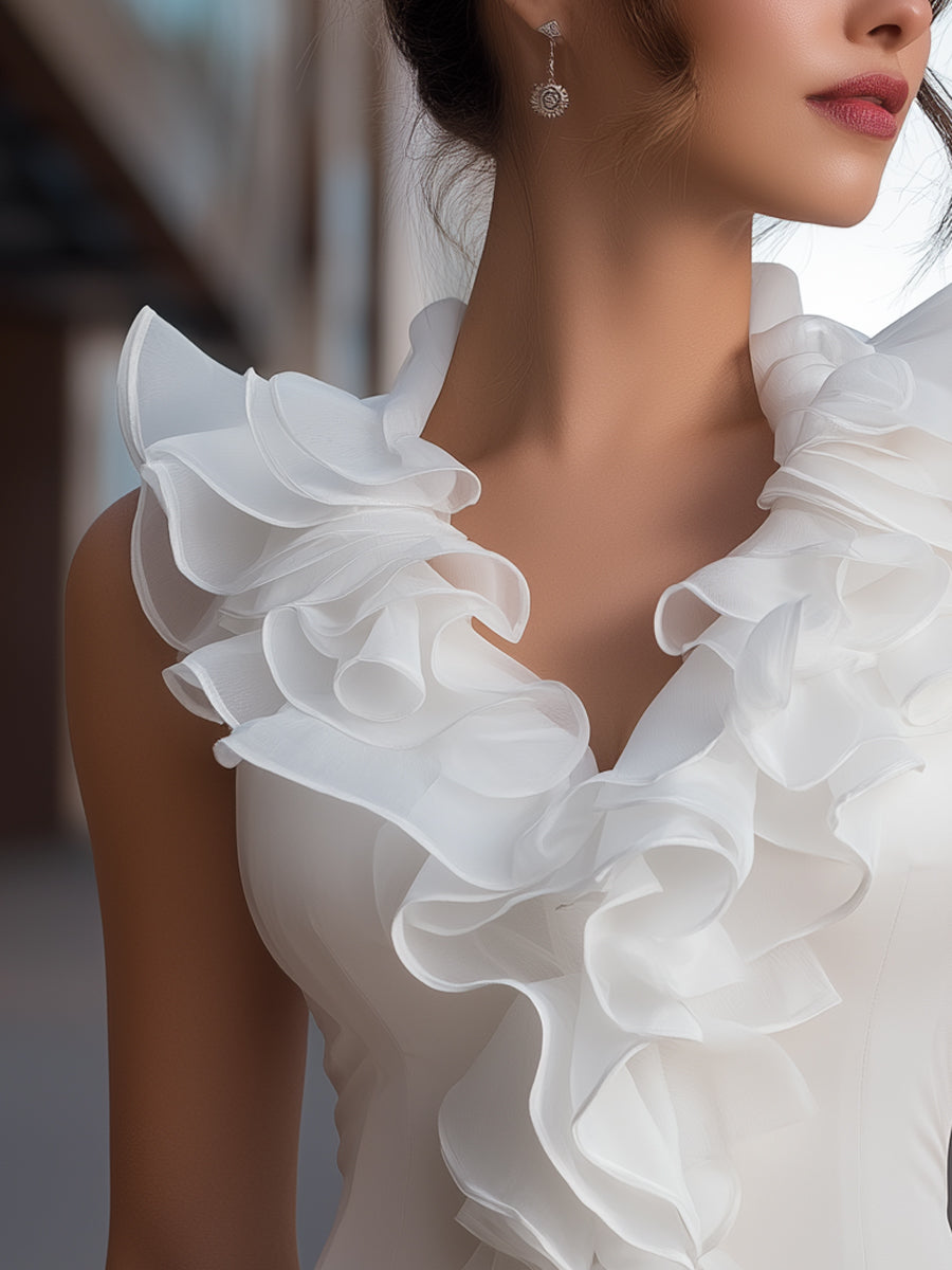 Léon Varel Sleeveless Chiffon Ruffled V-Neck Top
