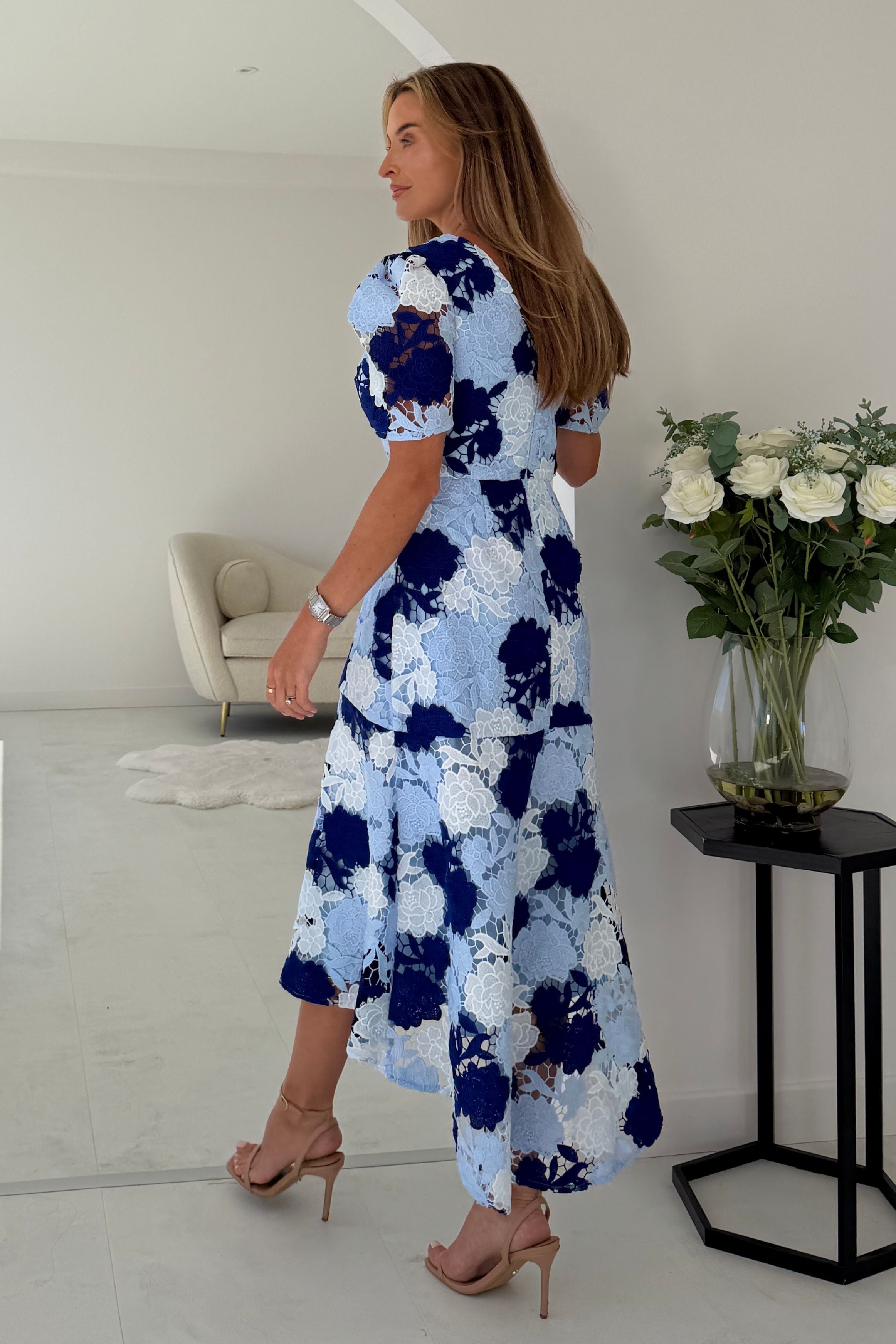 Myrtle V Neck A Line Floral Pastel Lace Midi Dress Blue