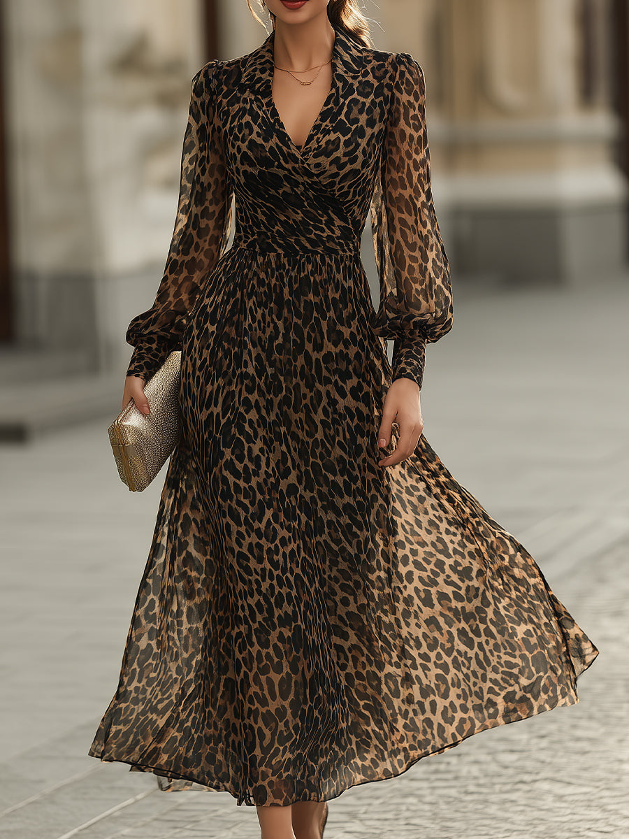 Léon Varel Leopard Print Wrap Midi Dress With Long Sleeves