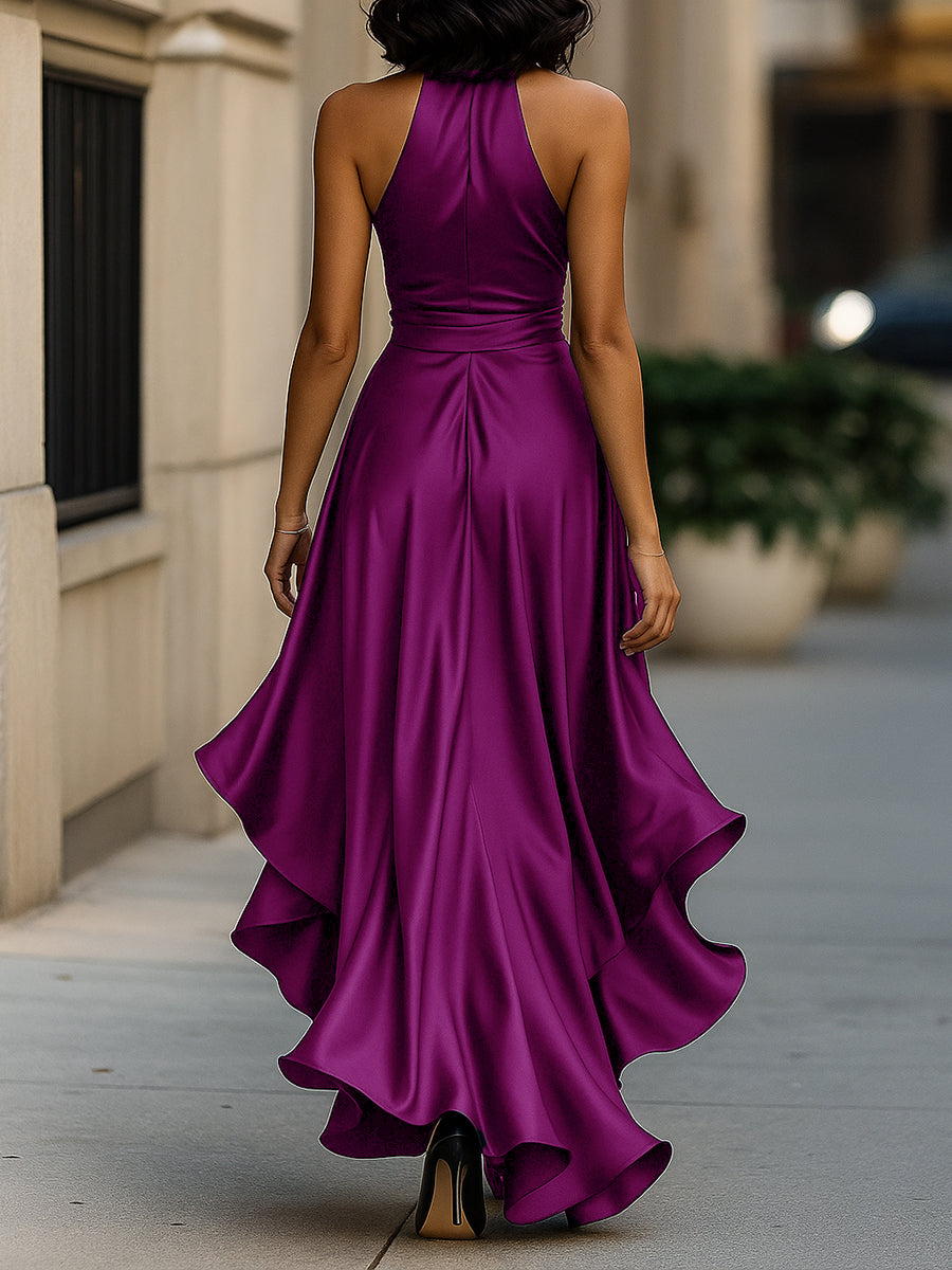 Léon Varel Midnight Elegance Satin Halter Ruffle Gown