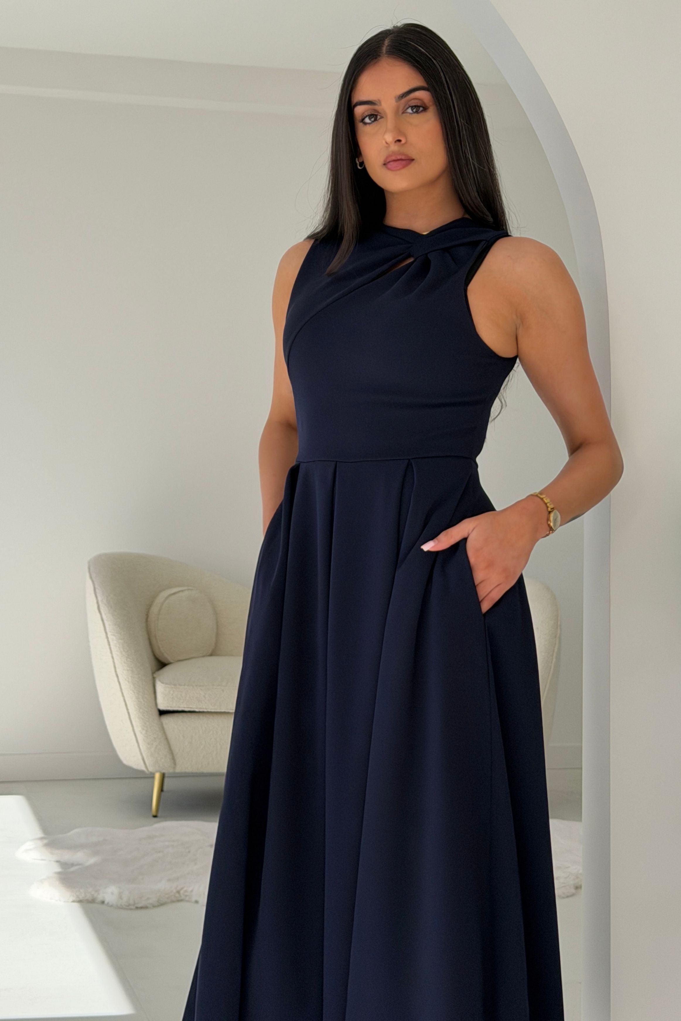 Anastasia Knot Detail Midi Dress Navy