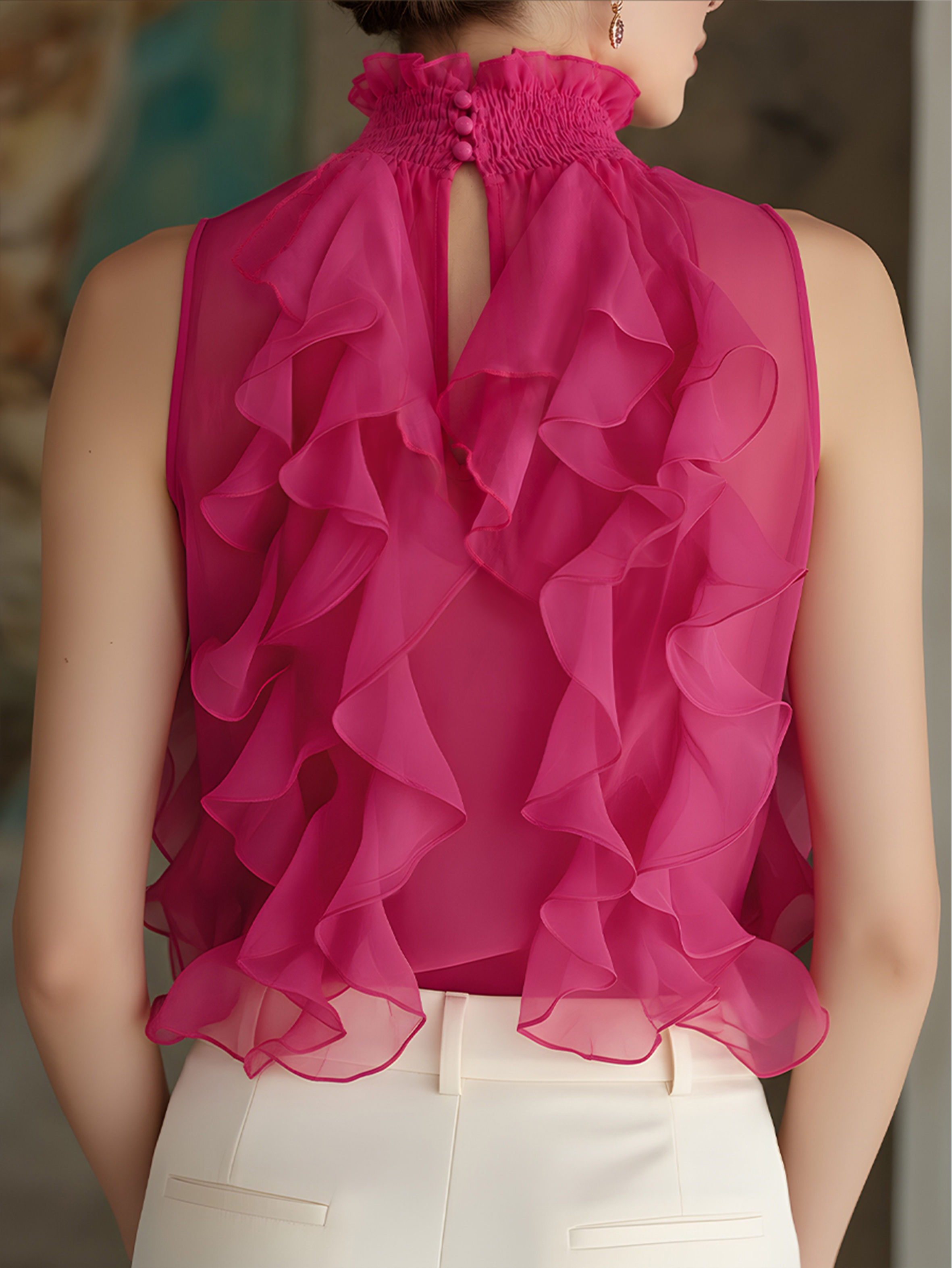 Léon Varel Ruffled High-Neck Sleeveless Chiffon Blouse