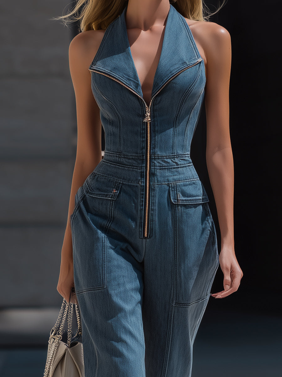 Léon Varel Denim Halter Neck Zip-Front Cropped-Leg Jumpsuit