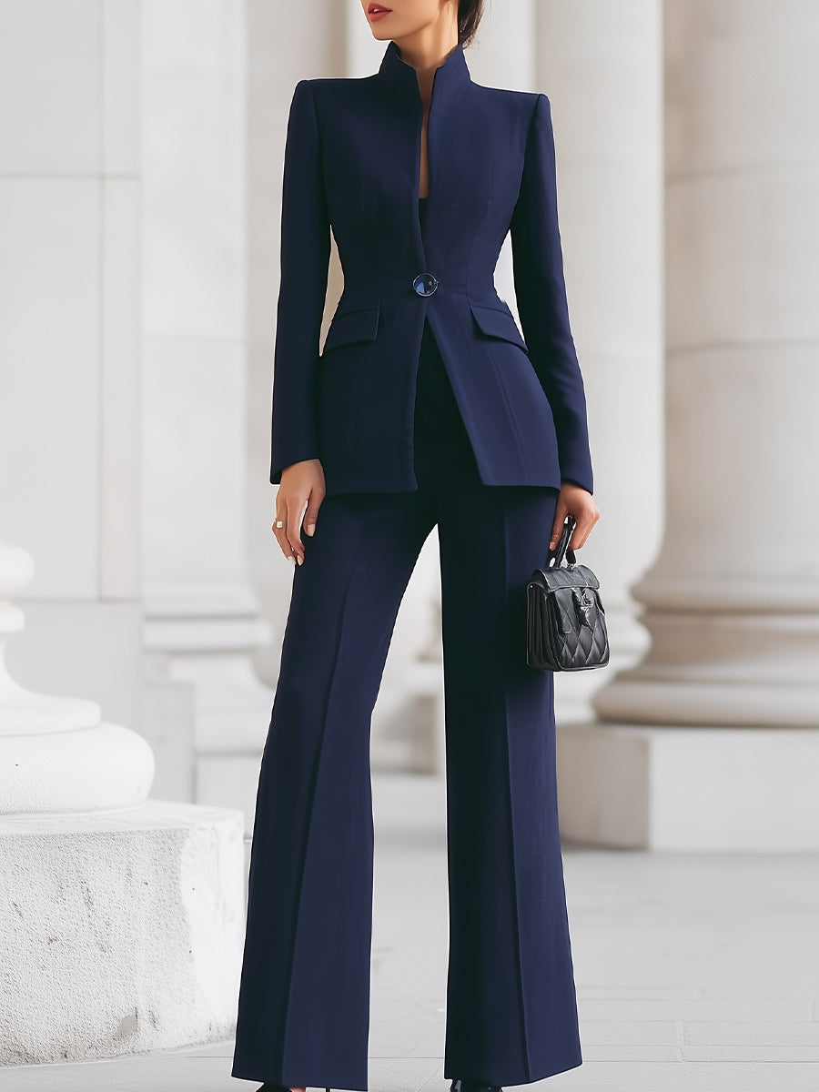 Léon Varel Sophisticated High-Collar Blazer & Wide-Leg Trousers Set