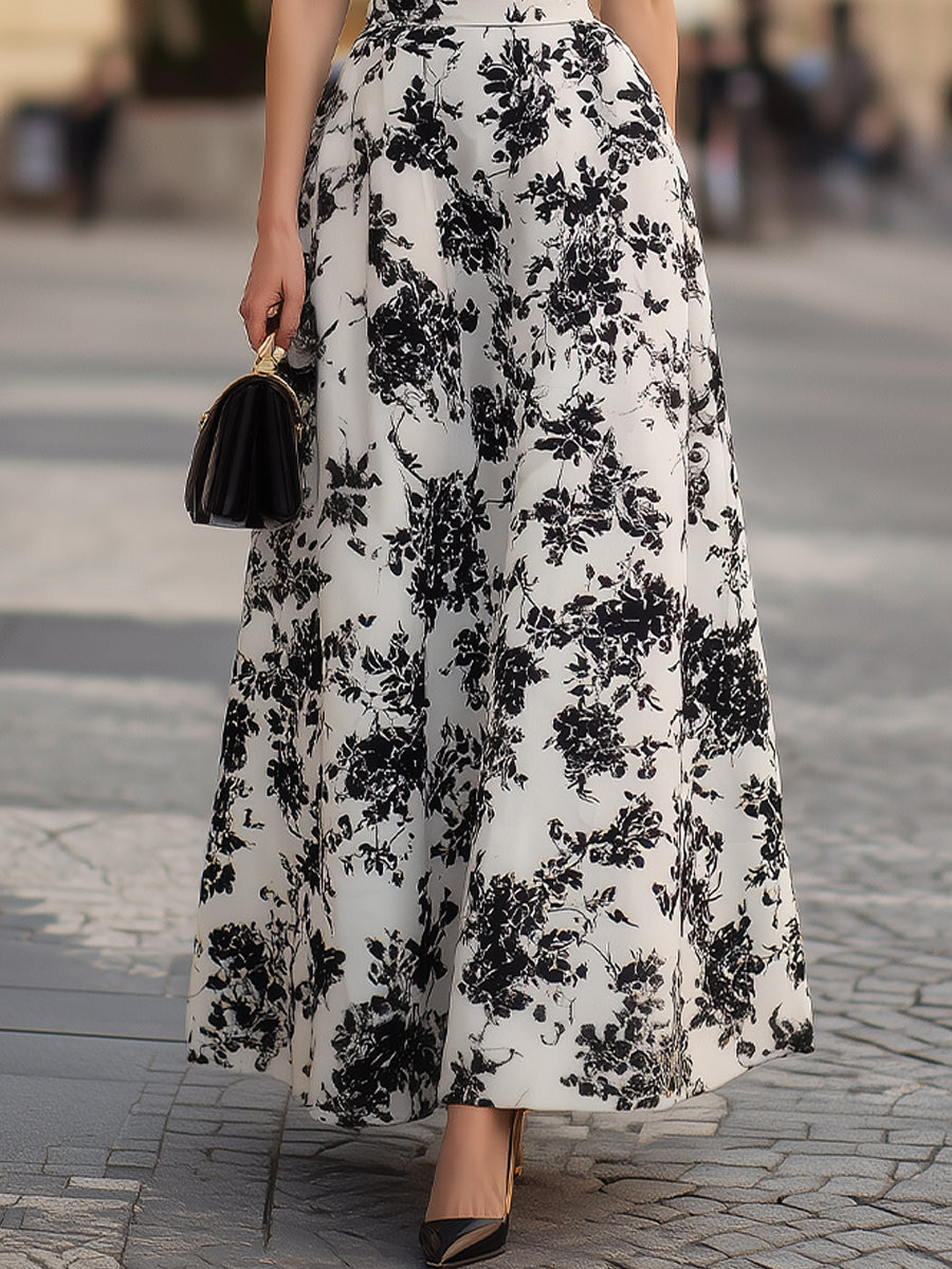 Léon Varel Black Puff Sleeve Bodice & Black Floral Print Maxi Dress