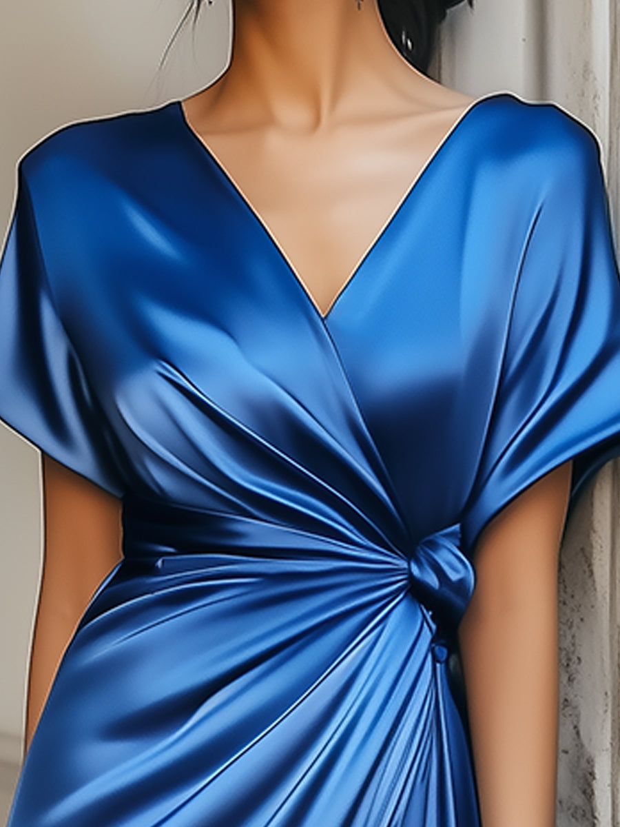 Léon Varel Elegant Sapphire Lace-up Satin Dress