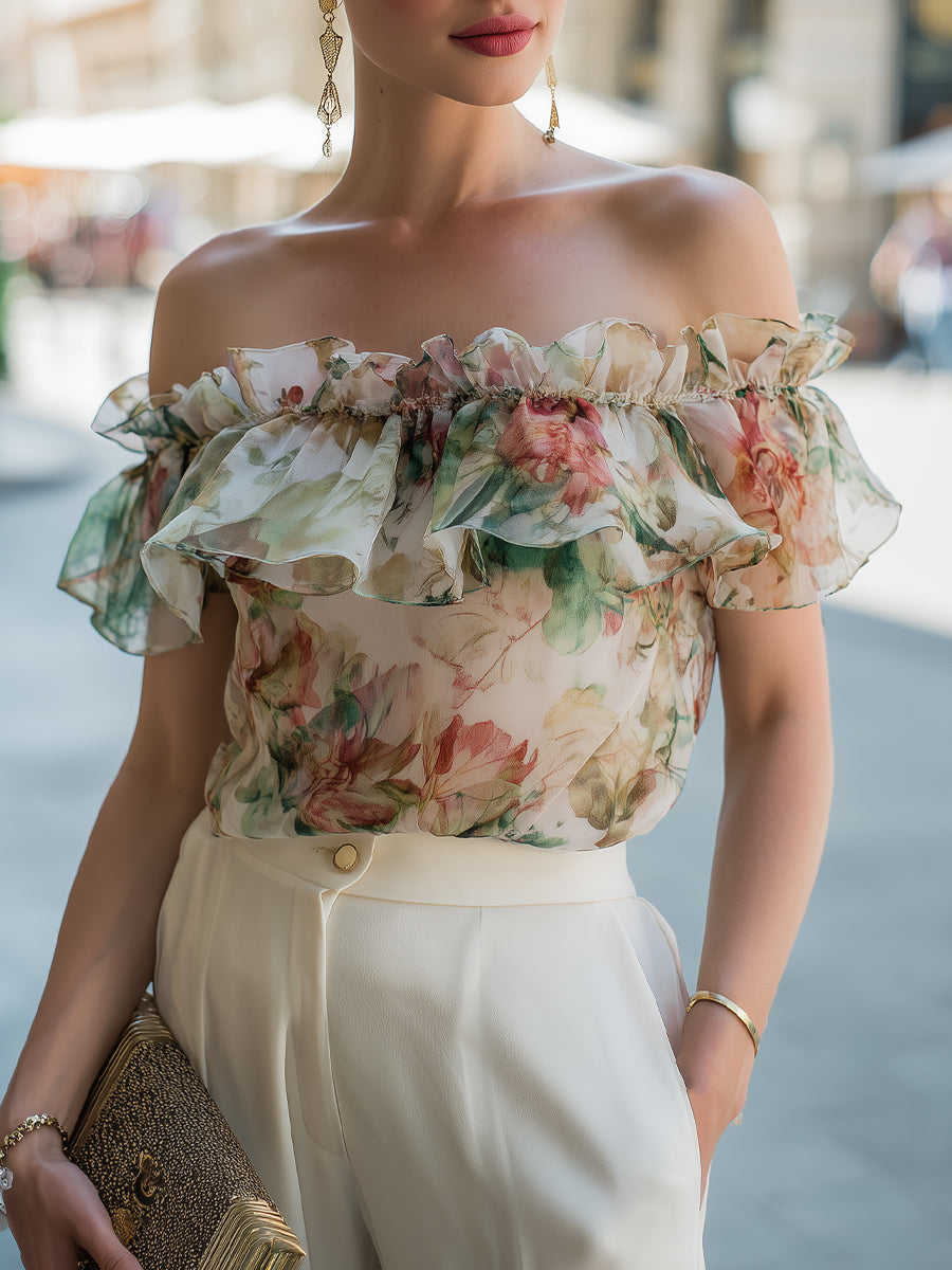 Léon Varel Off-Shoulder Ruffle Floral Chiffon Blouse