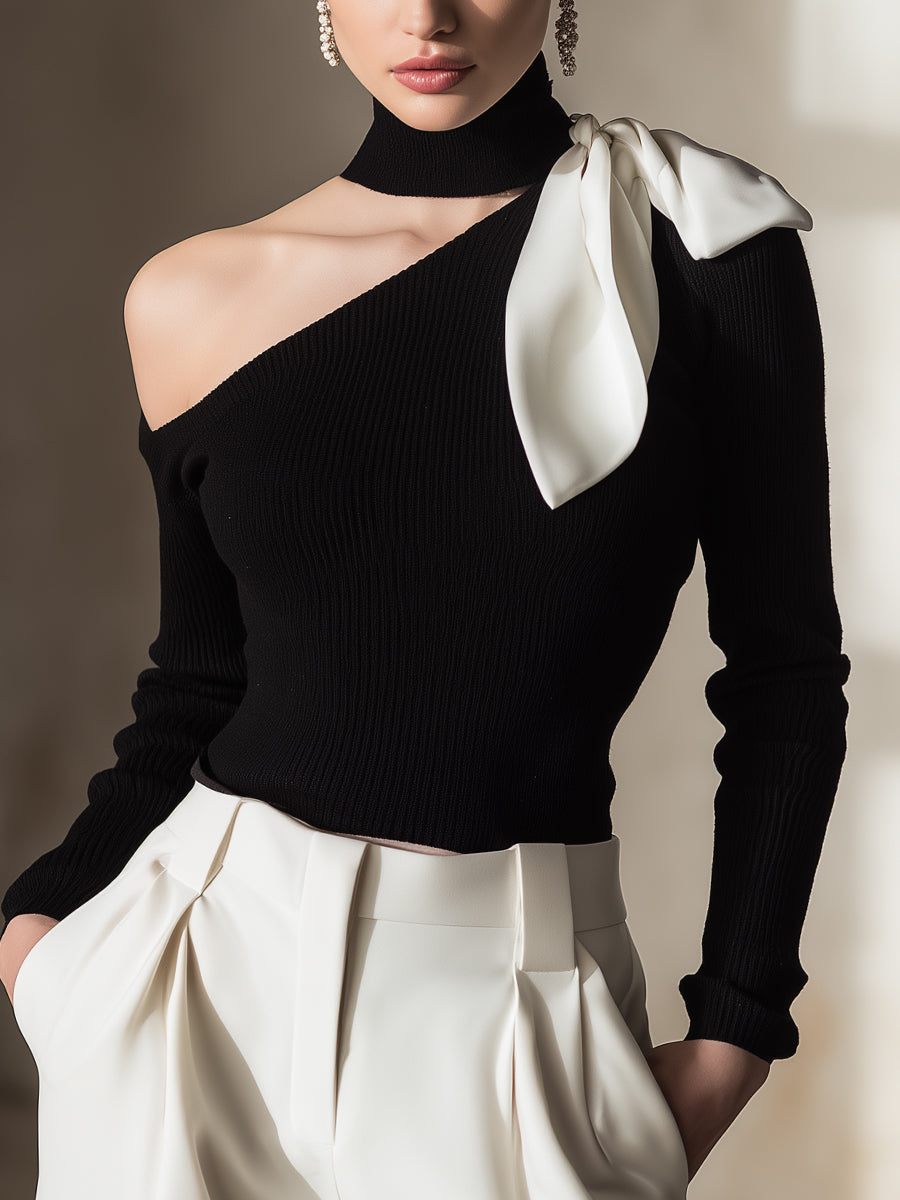 Léon Varel One-Shoulder Knit Top With Contrast Bow Detail