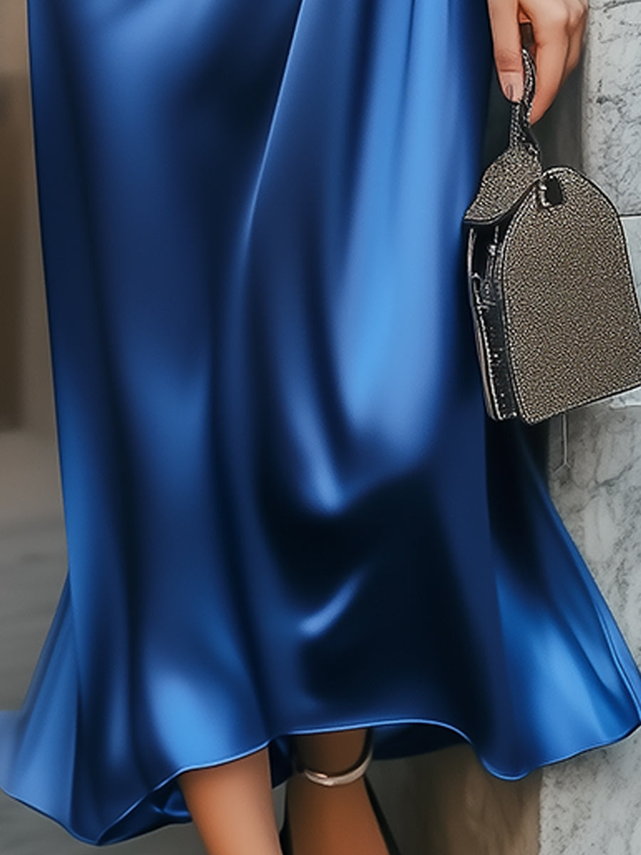 Léon Varel Elegant Sapphire Lace-up Satin Dress
