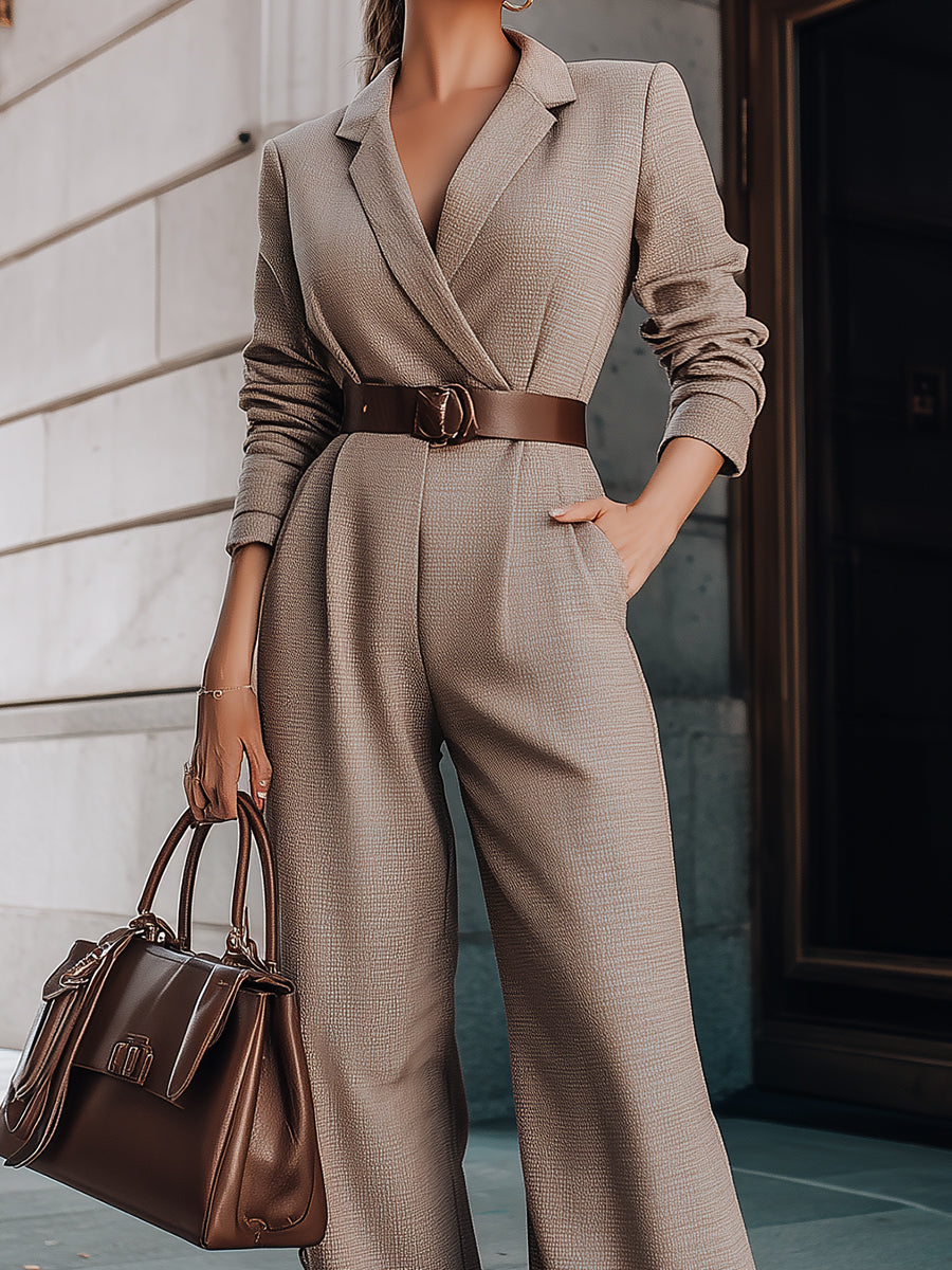 Léon Varel Taupe Belted Blazer Jumpsuit With Wide-Leg Silhouette