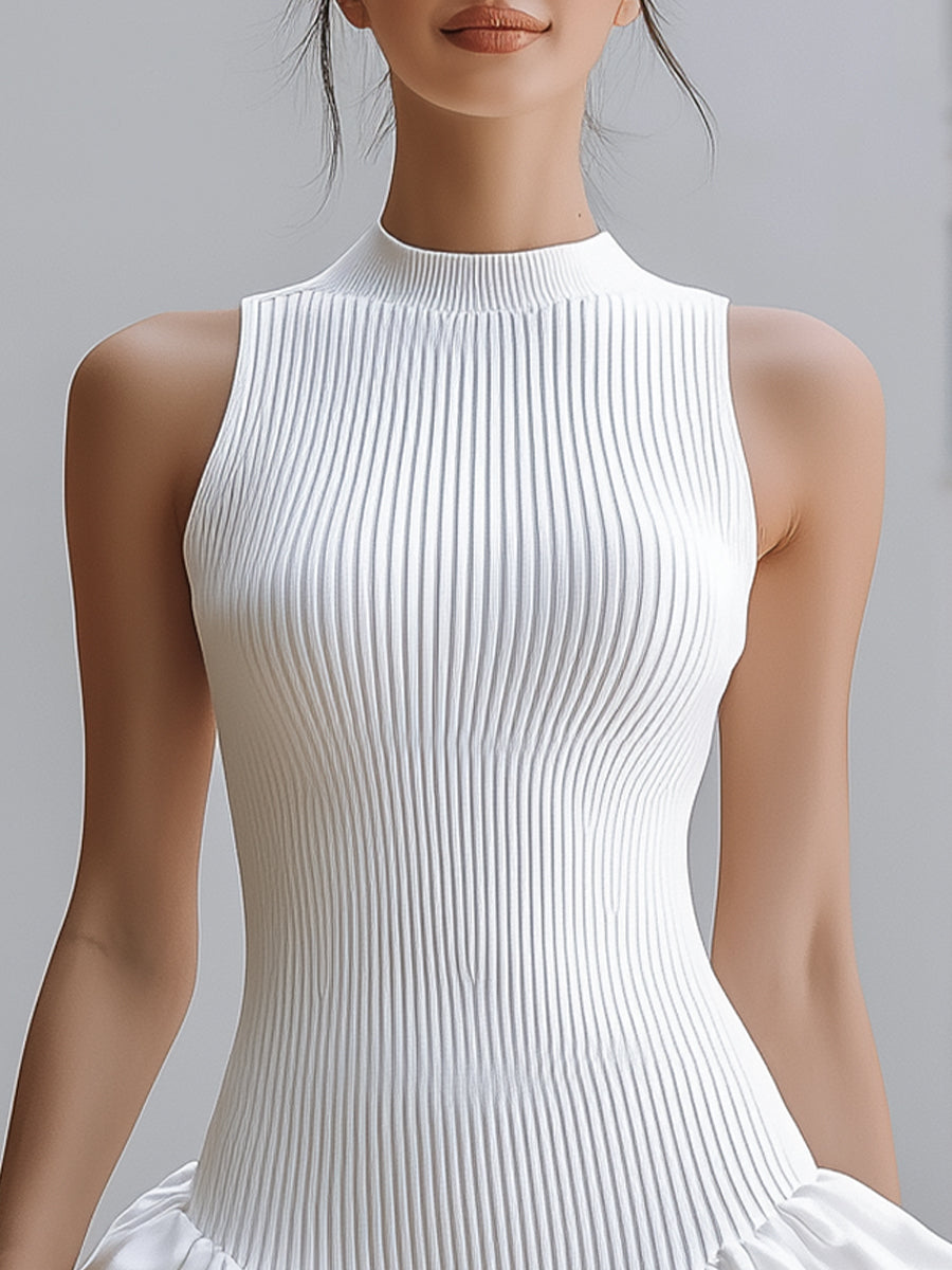 Léon Varel White Sleeveless Rib-Knit Tiered Ruffle Mini Dress