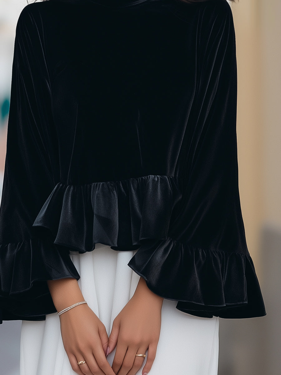 Léon Varel Round Neck Velvet Ruffle-Trim Blouse