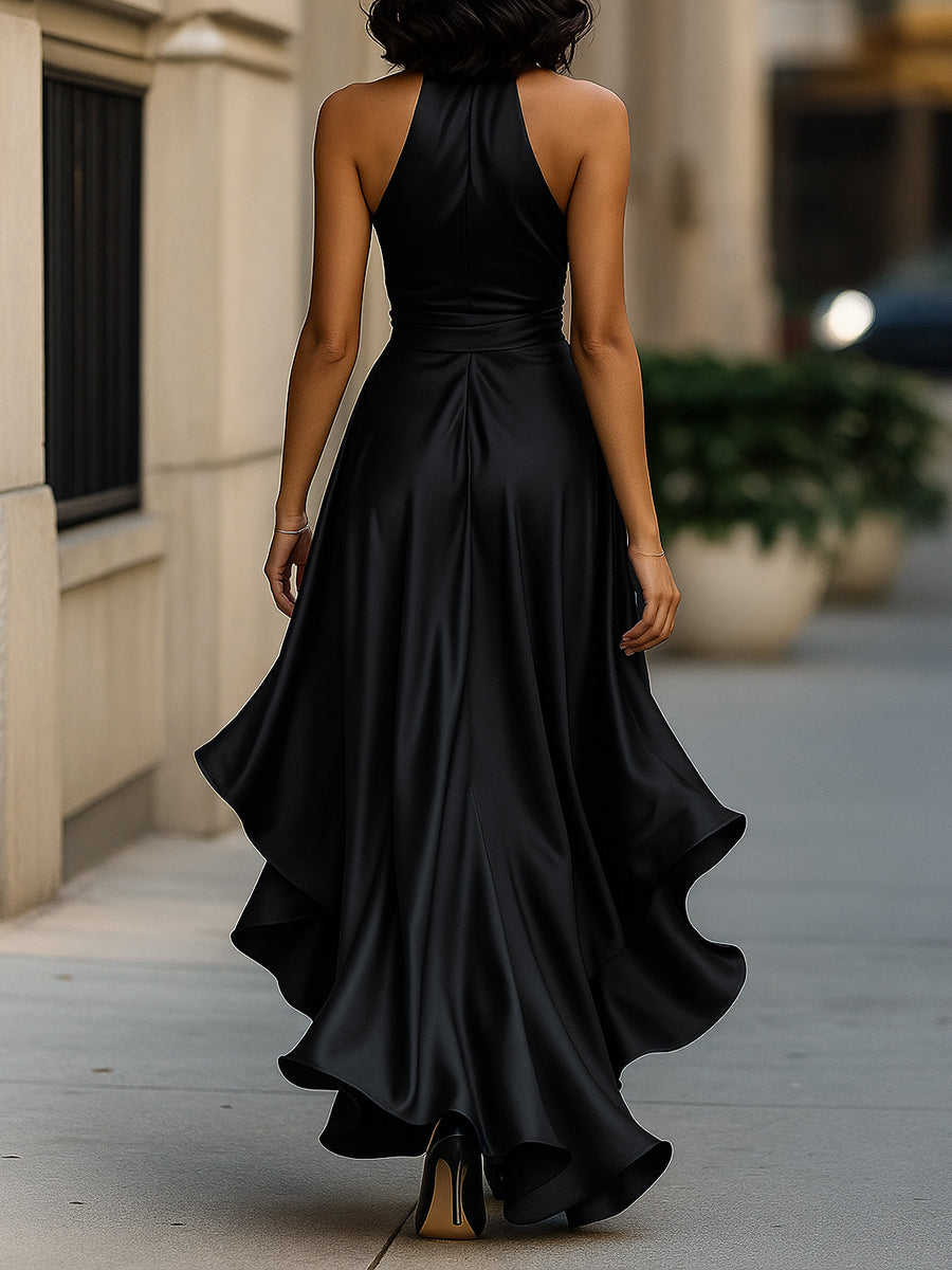 Léon Varel Midnight Elegance Satin Halter Ruffle Gown
