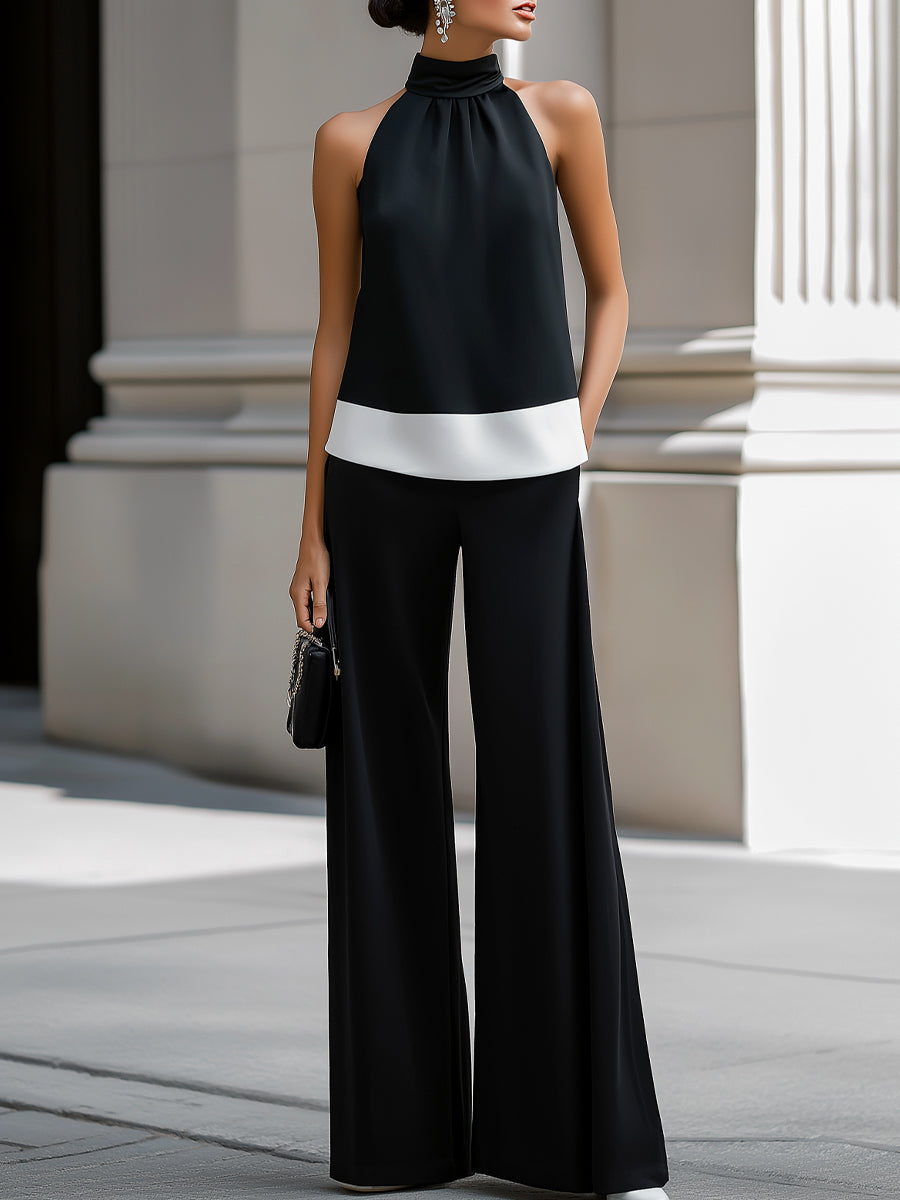 Léon Varel Contrast Hem Halter Neck Blouse & Wide-Leg Pants Set