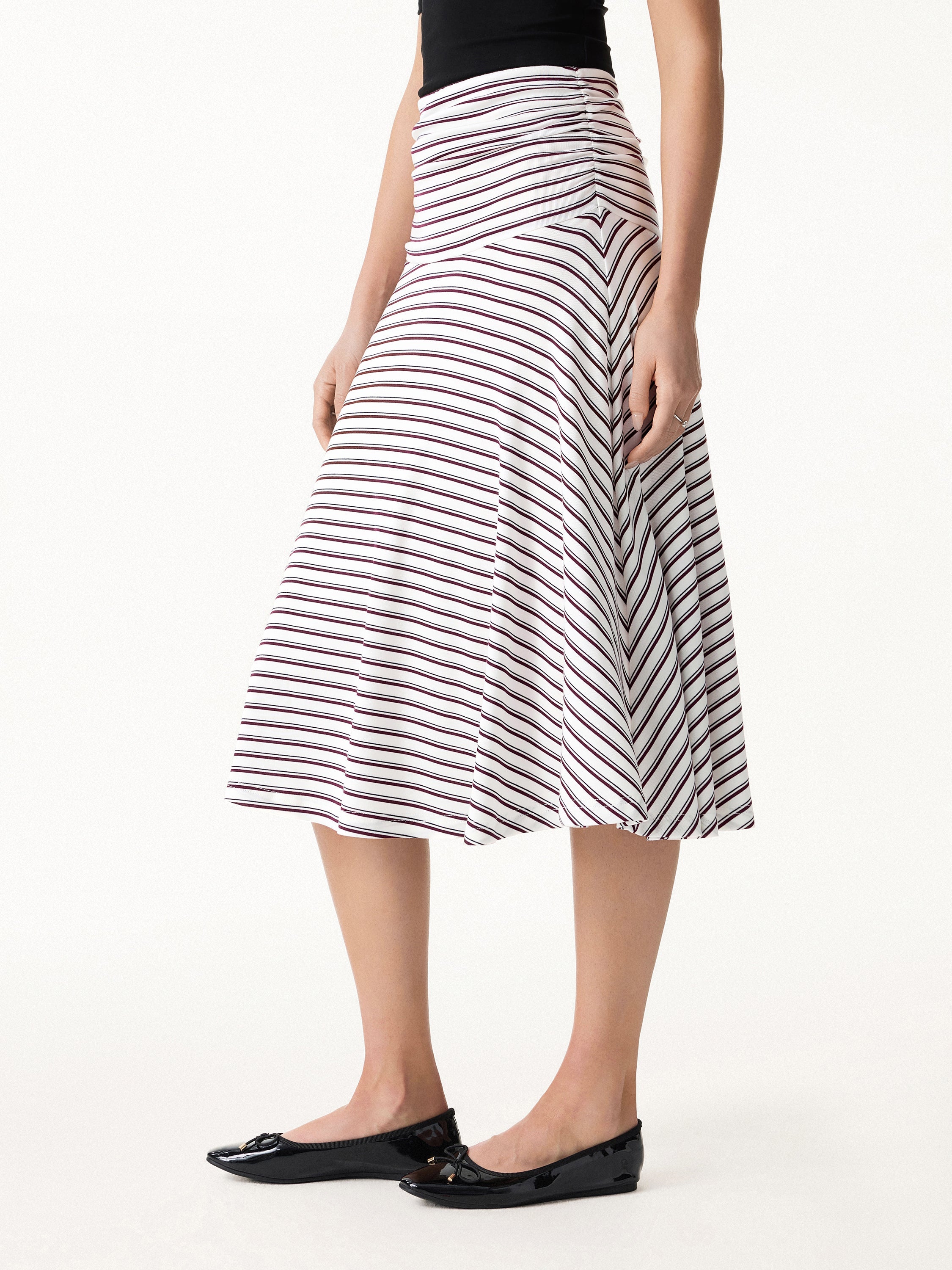 Flowy Striped Circle Flare Ruched Midi Skirt