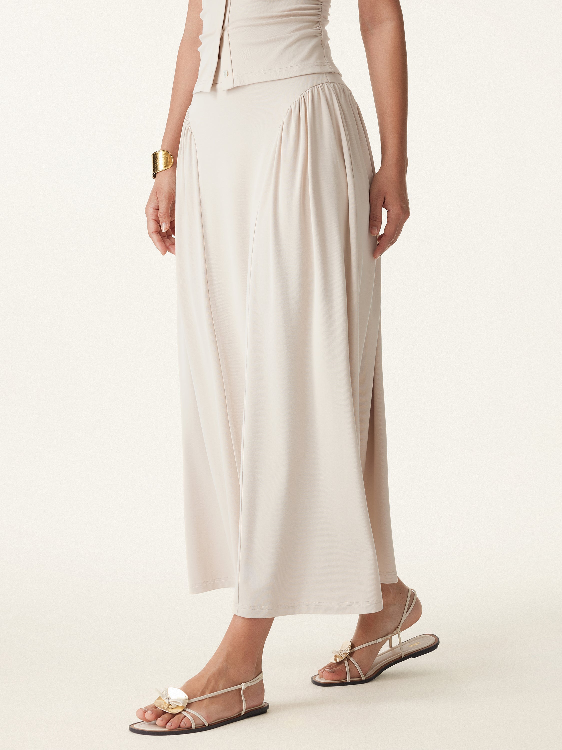Curved Gathering Flared Midi Skirt with Pockets