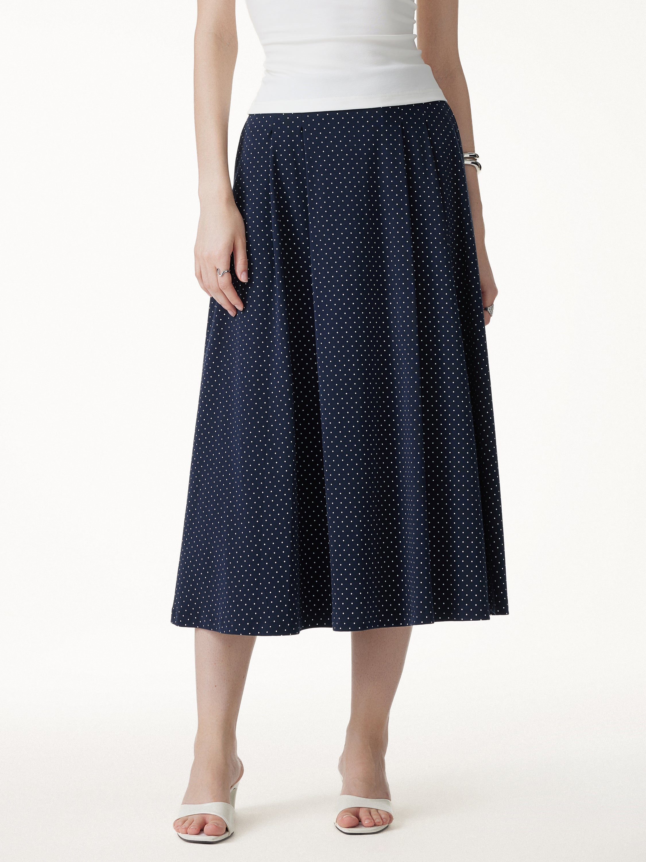 Polka Dots Flared Midi Skirt with Pockets