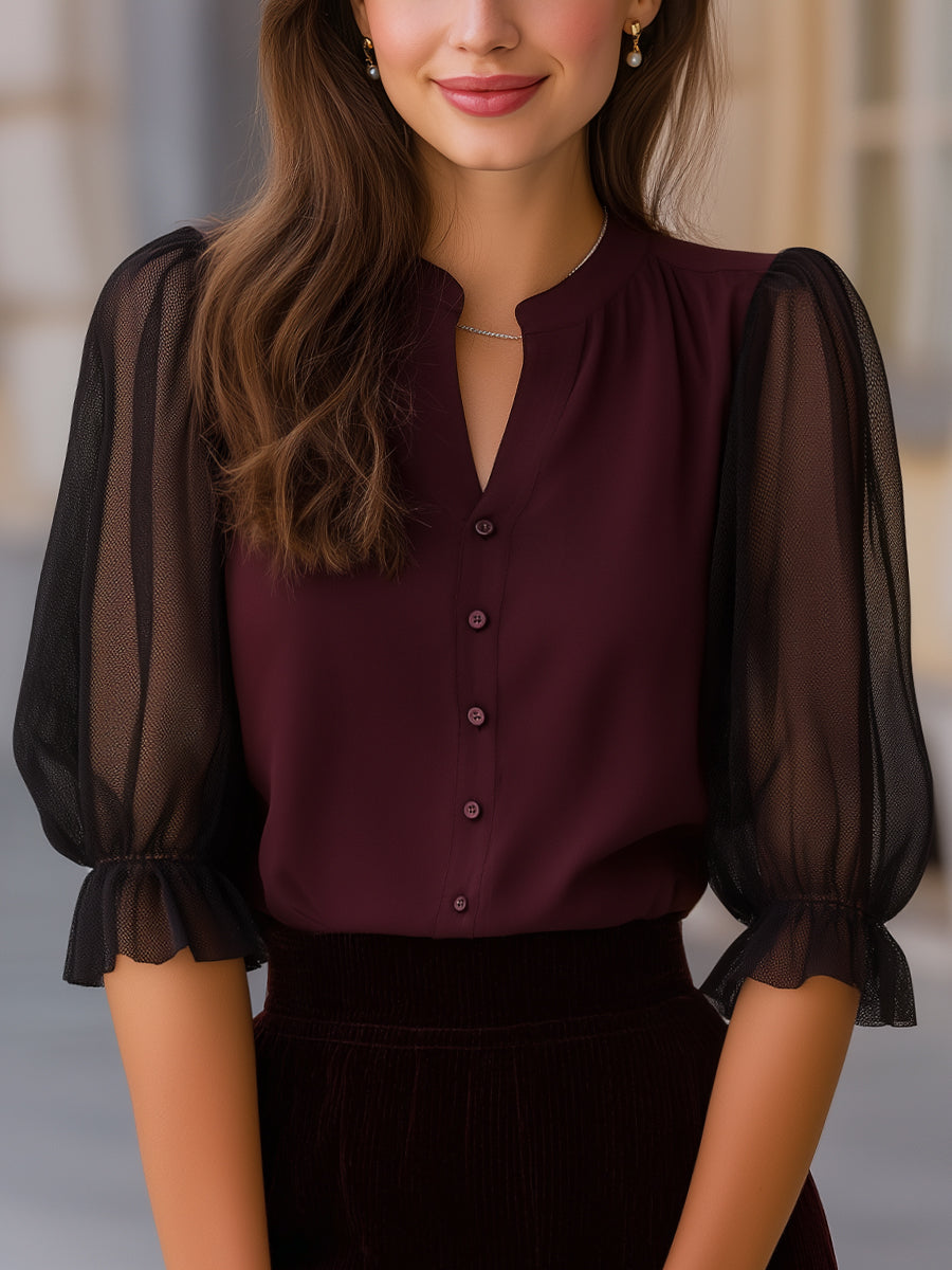 Léon Varel Sheer Puff Sleeve Button-Up Blouse