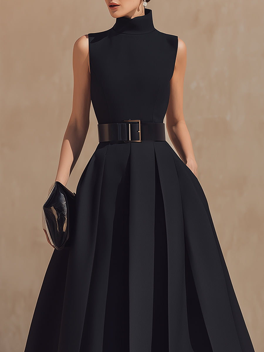 Léon Varel Belted High-Neck Pleated Maxi Dress