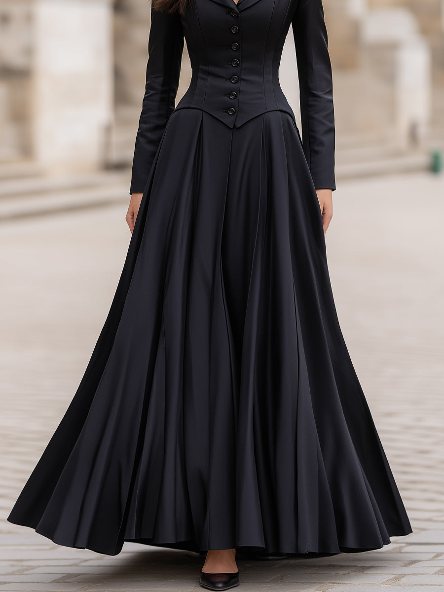 Léon Varel Elegant Tailored Waist Long-Sleeve Maxi Dress