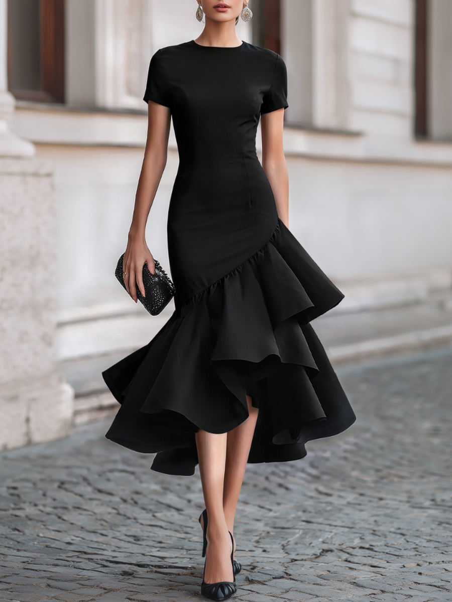 Léon Varel Asymmetrical Ruffle Hem Tailored Midi Dress