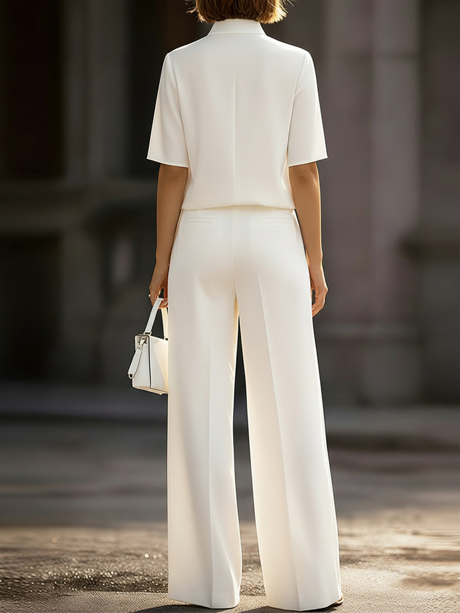 Léon Varel Ivory Stand Collar Split Neck Blouse & Wide-Leg Pants Two-Piece Suit