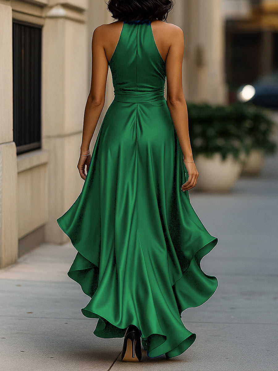 Léon Varel Midnight Elegance Satin Halter Ruffle Gown