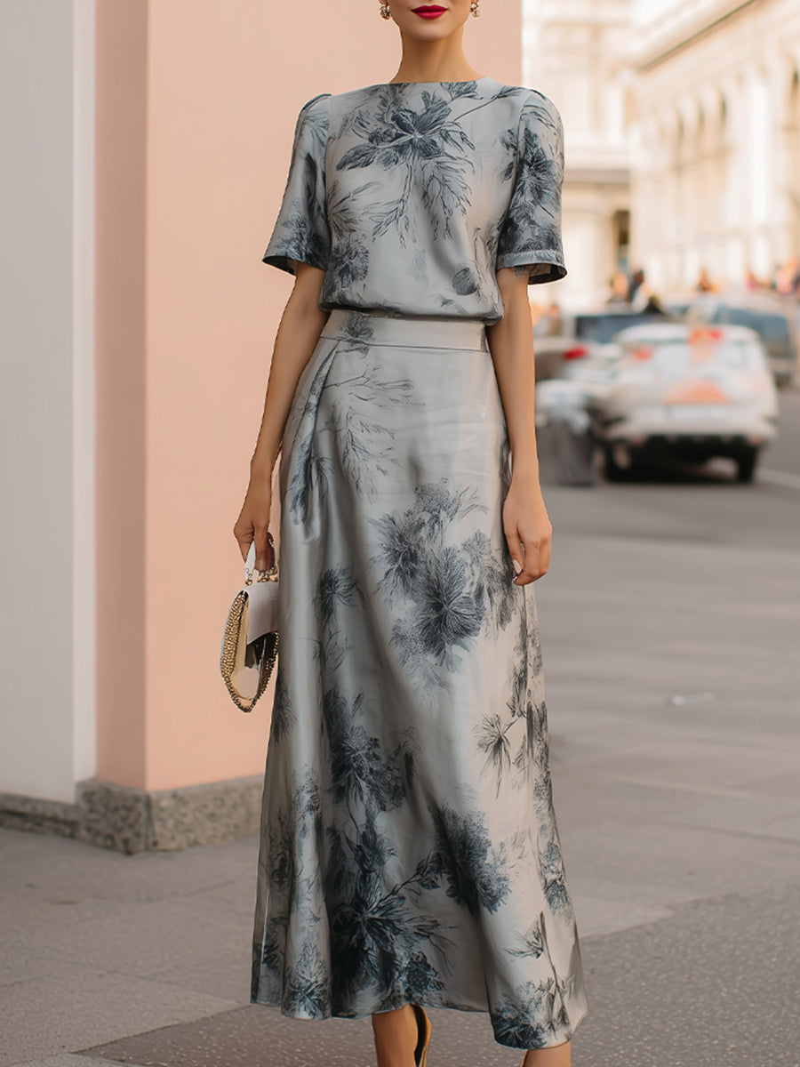Léon Varel Ethereal Silver-Grey Floral Printed Two-Piece Maxi Set
