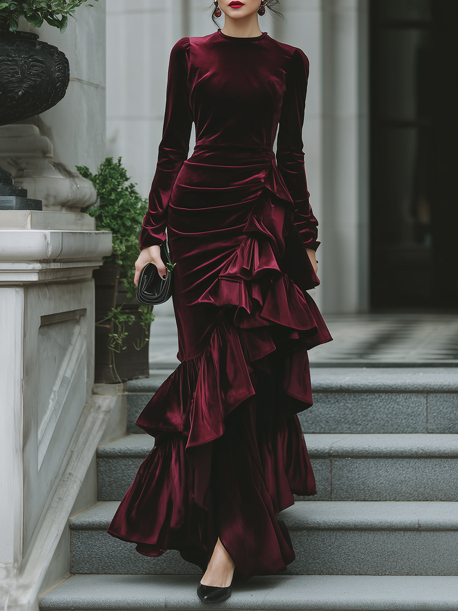 Léon Varel Long Sleeve Ruffled Tier Evening Gown