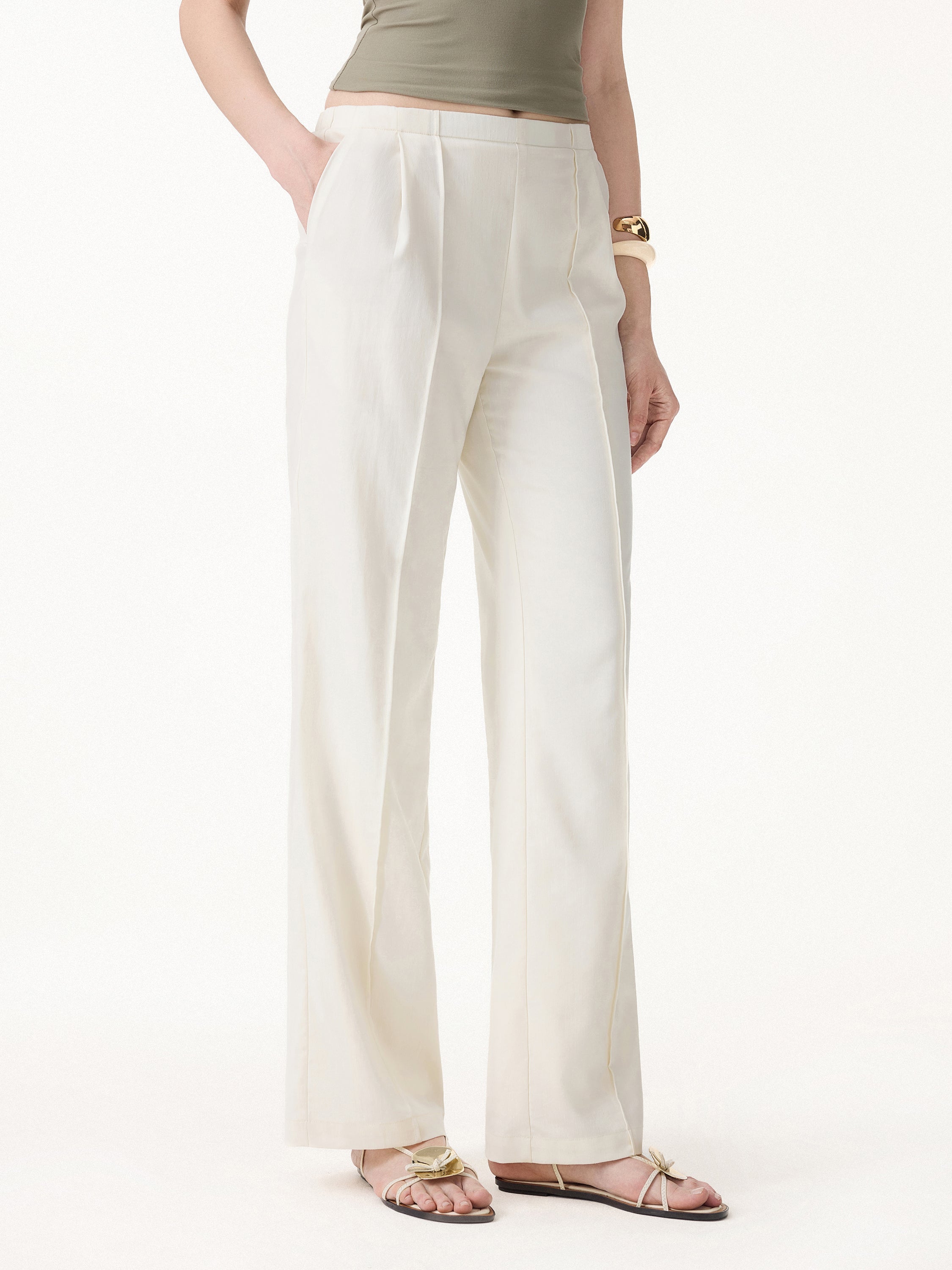 Lyocell-Linen Pintuck Wide Leg Vacay Pant
